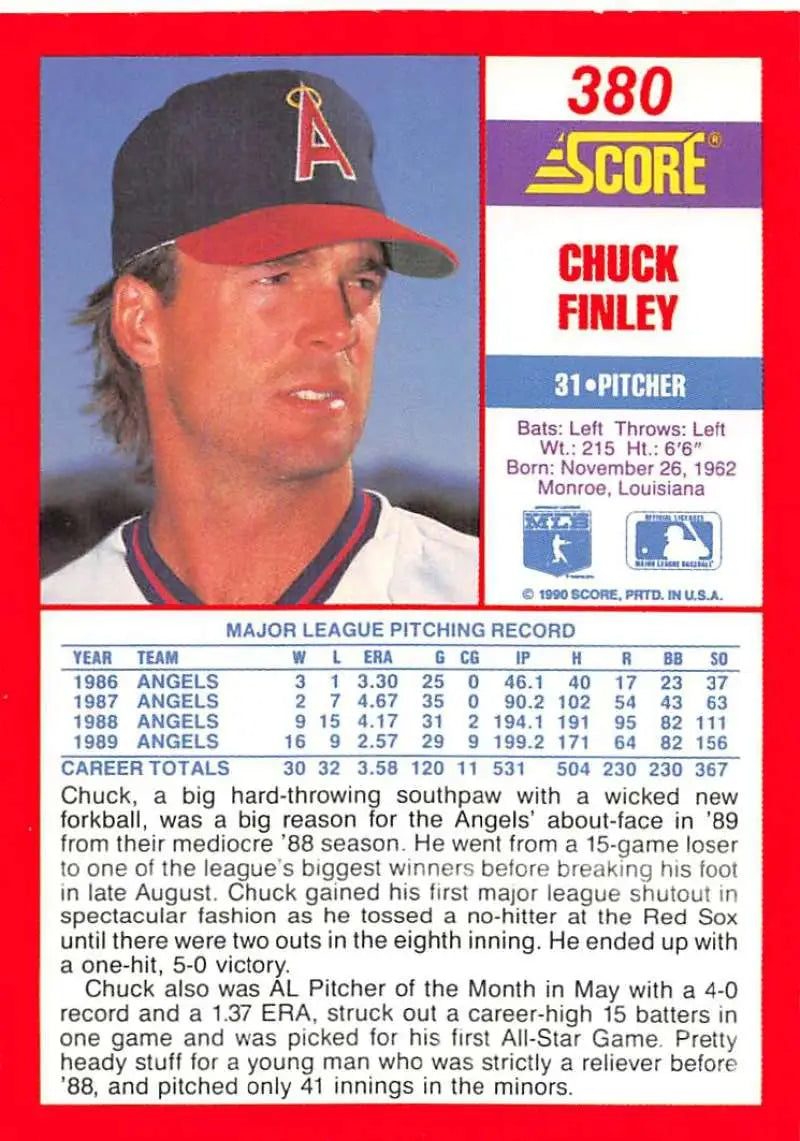 1990 Score #380 Chuck Finley EX Excellent California Angels Baseball Card - Baseball Card Single
