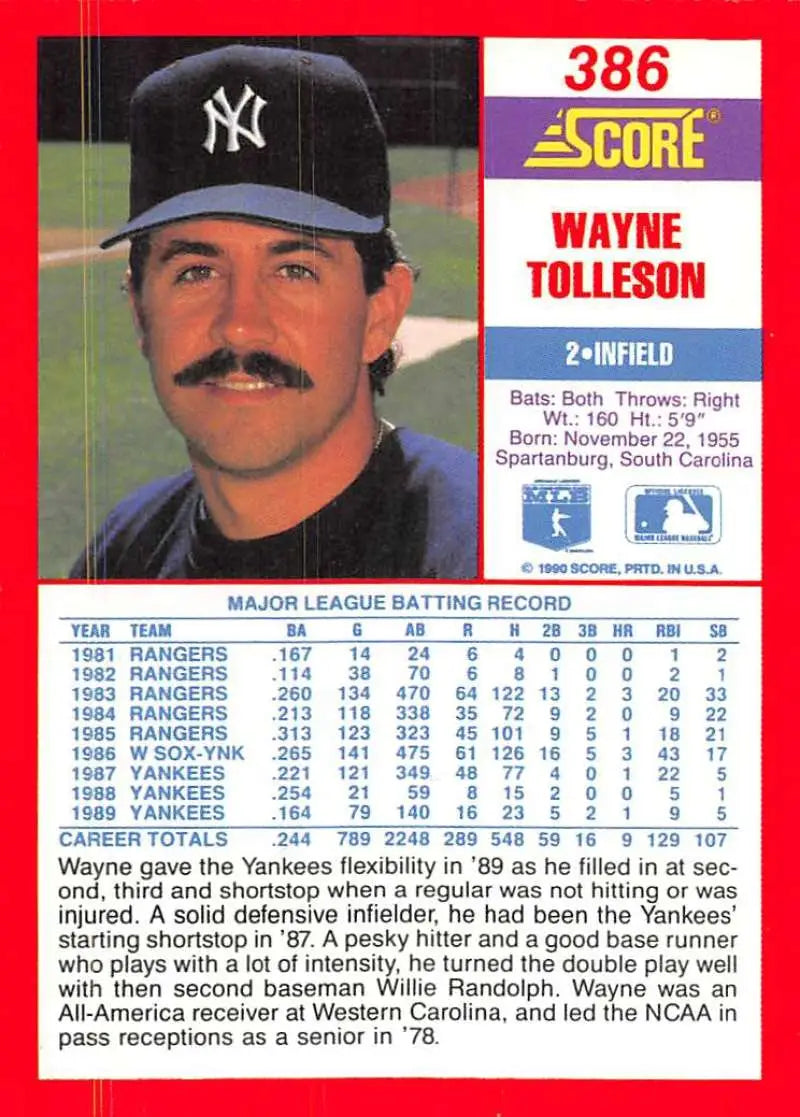 1990 Score #386 Wayne Tolleson EX Excellent New York Yankees Baseball Card - Baseball Card Single