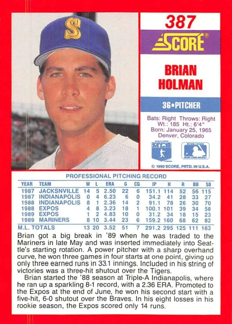 1990 Score #387 Brian Holman EX Excellent Seattle Mariners Baseball Card - Baseball Card Single
