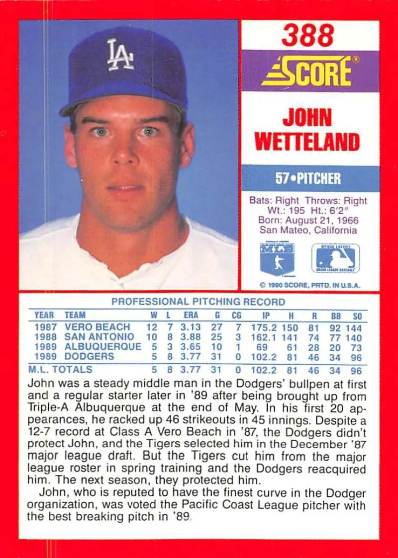 1990 Score #388 John Wetteland EX Excellent Los Angeles Dodgers Baseball Card - Baseball Card Single