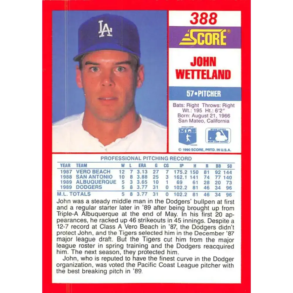 1990 Score #388 John Wetteland NM-MT Los Angeles Dodgers Baseball Card - Baseball Card Single