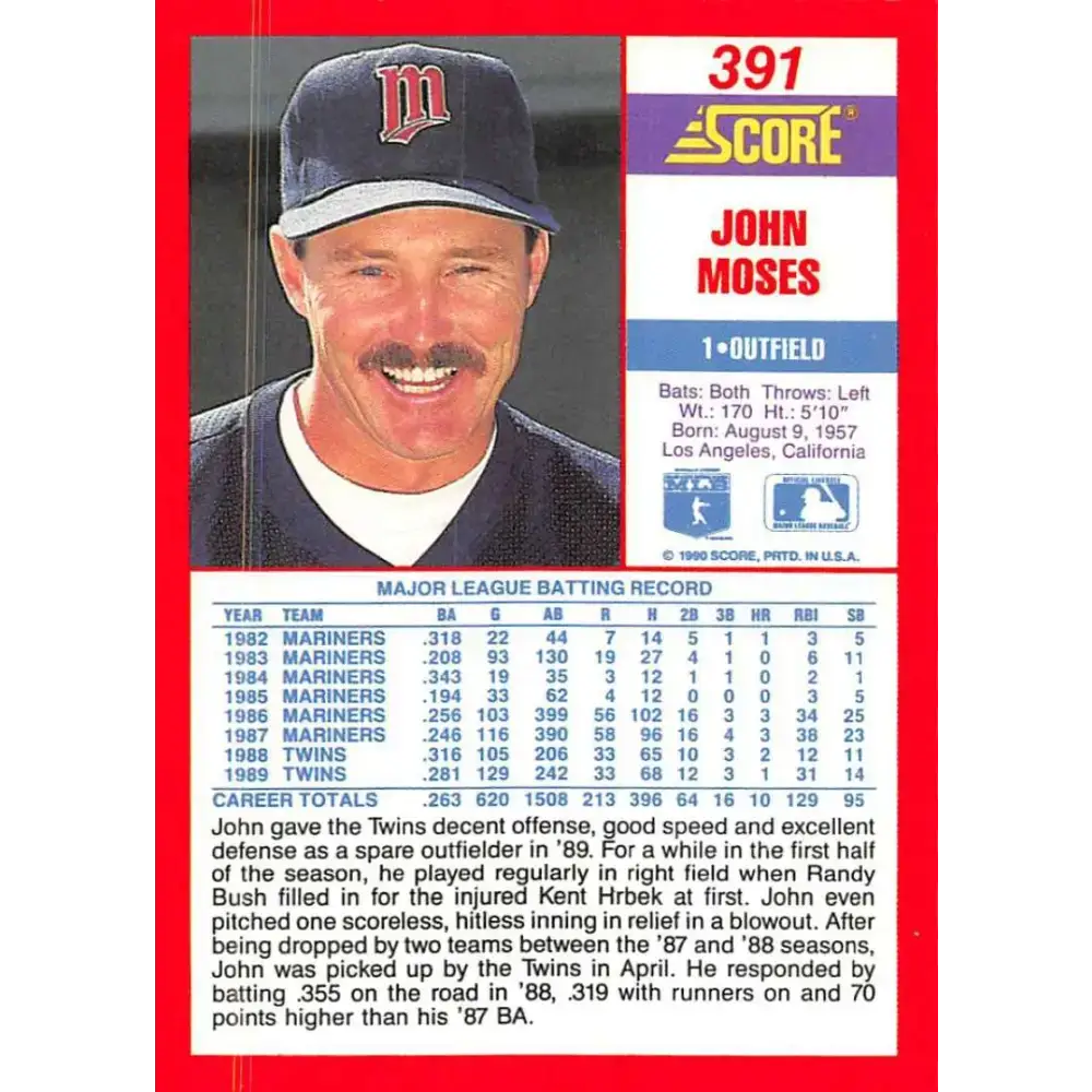 1990 Score #391 John Moses NM-MT Minnesota Twins Baseball Card - Baseball Card Single