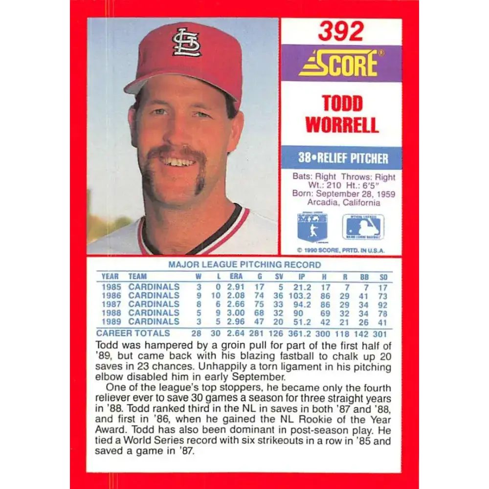 1990 Score #392 Todd Worrell NM-MT St. Louis Cardinals Baseball Card - Baseball Card Single
