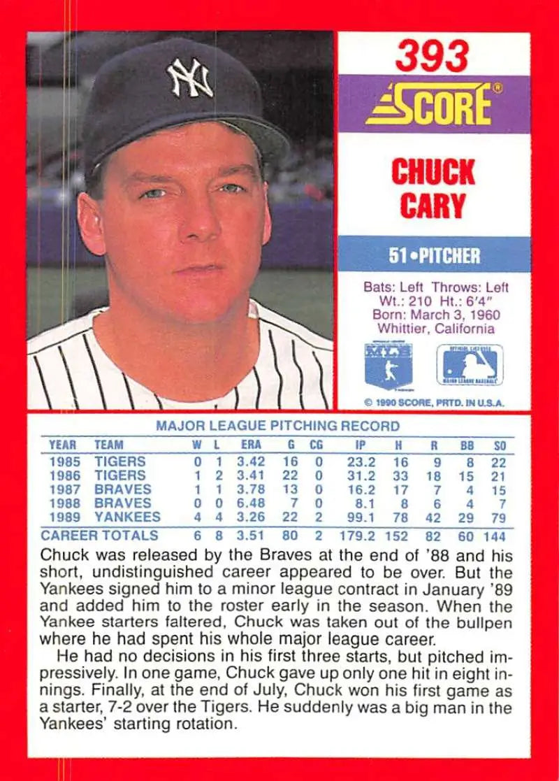 1990 Score #393 Chuck Cary EX Excellent New York Yankees Baseball Card - Baseball Card Single