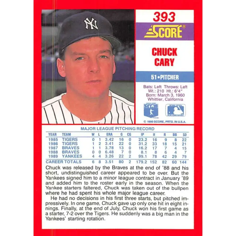 1990 Score #393 Chuck Cary NM-MT New York Yankees Baseball Card - Baseball Card Single