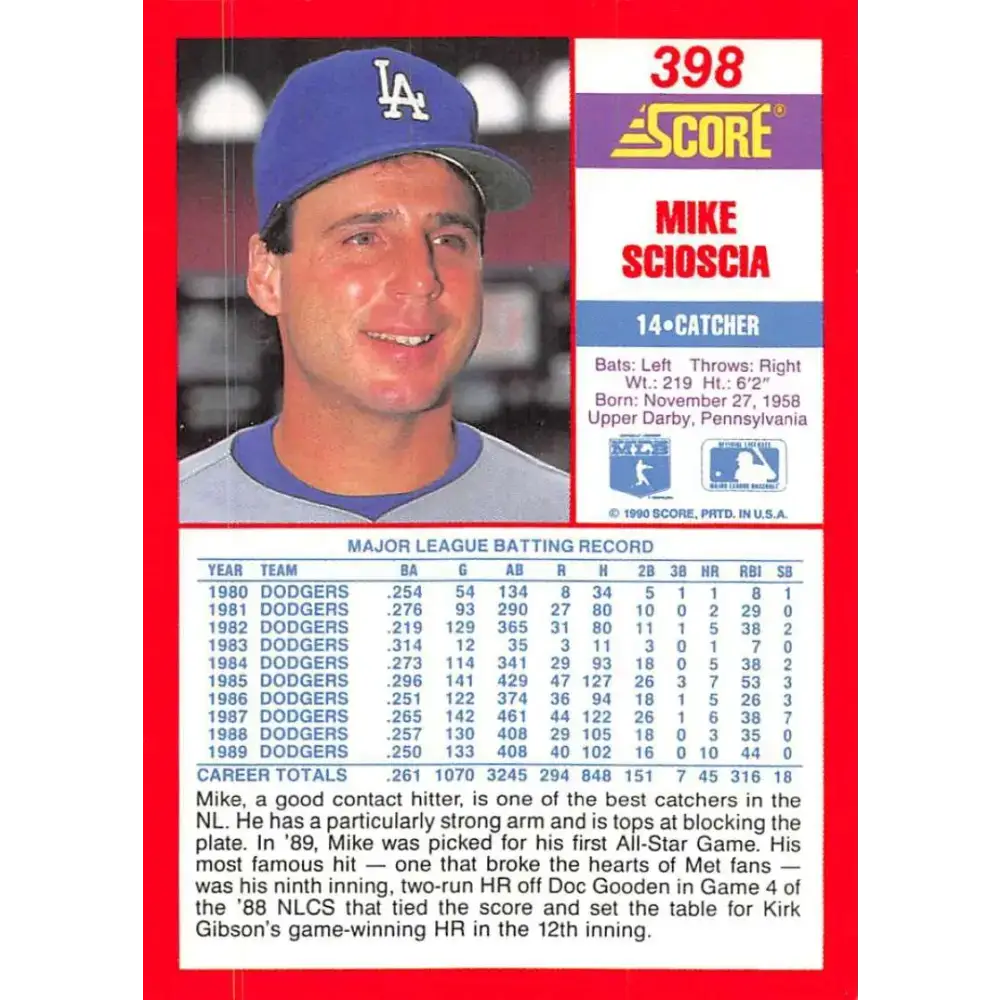 1990 Score #398 Mike Scioscia NM-MT Los Angeles Dodgers Baseball Card - Baseball Card Single