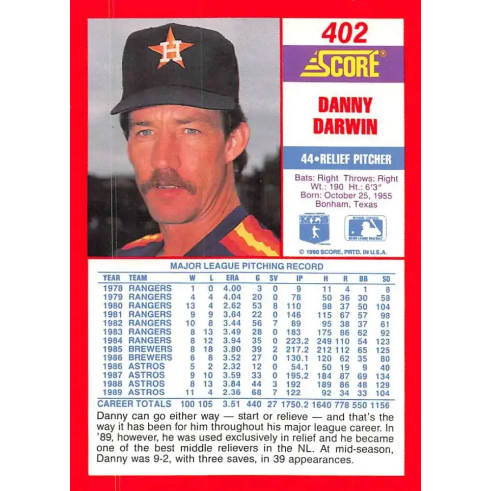 1990 Score #402 Danny Darwin NM-MT Houston Astros Baseball Card - Baseball Card Single