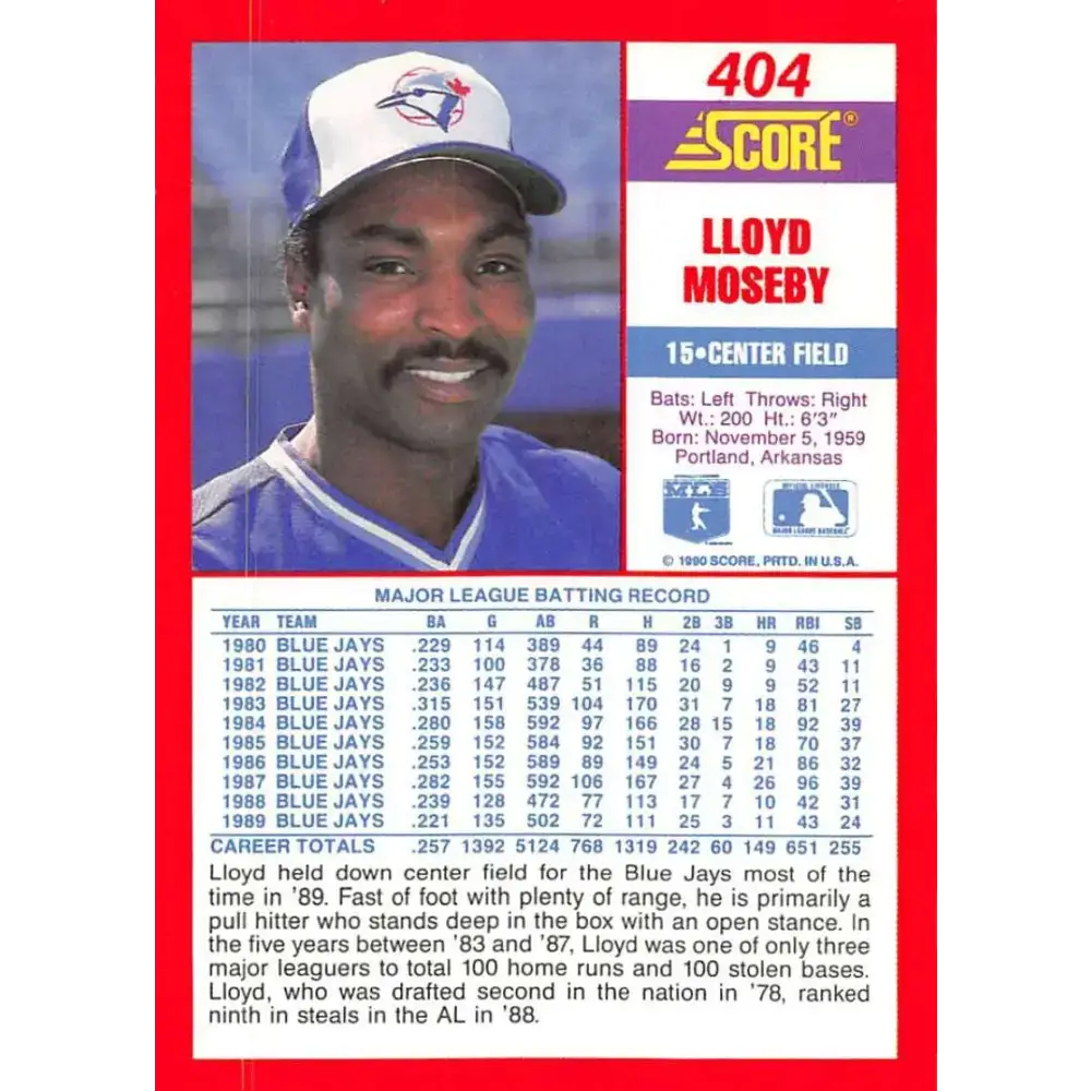 1990 Score #404 Lloyd Moseby NM-MT Toronto Blue Jays Baseball Card - Baseball Card Single