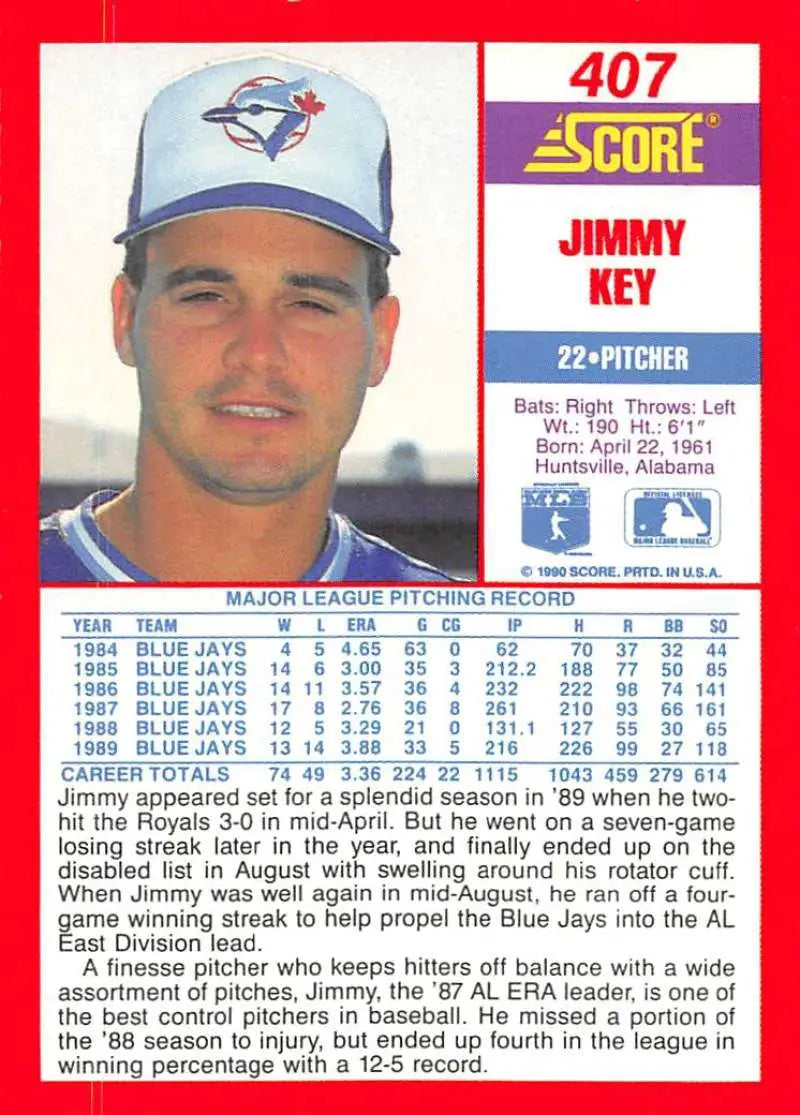 1990 Score #407 Jimmy Key EX Excellent Toronto Blue Jays Baseball Card - Baseball Card Single
