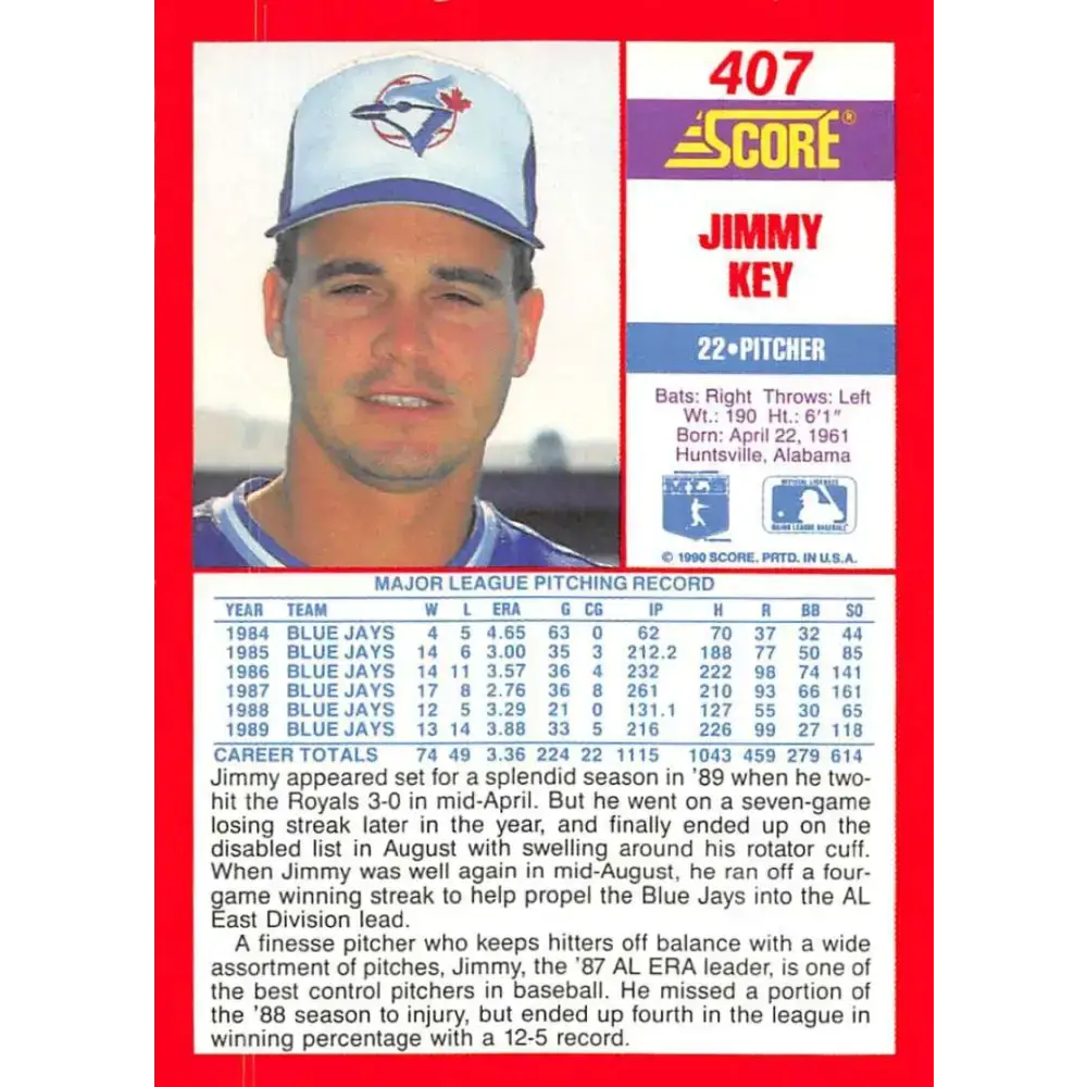 1990 Score #407 Jimmy Key NM-MT Toronto Blue Jays Baseball Card - Baseball Card Single