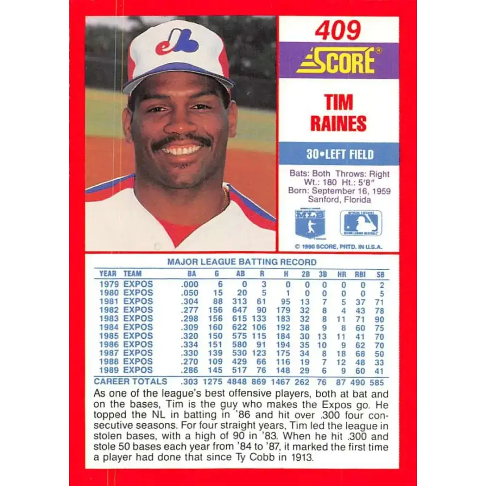 1990 Score #409 Tim Raines NM-MT Montreal Expos Baseball Card - Baseball Card Single