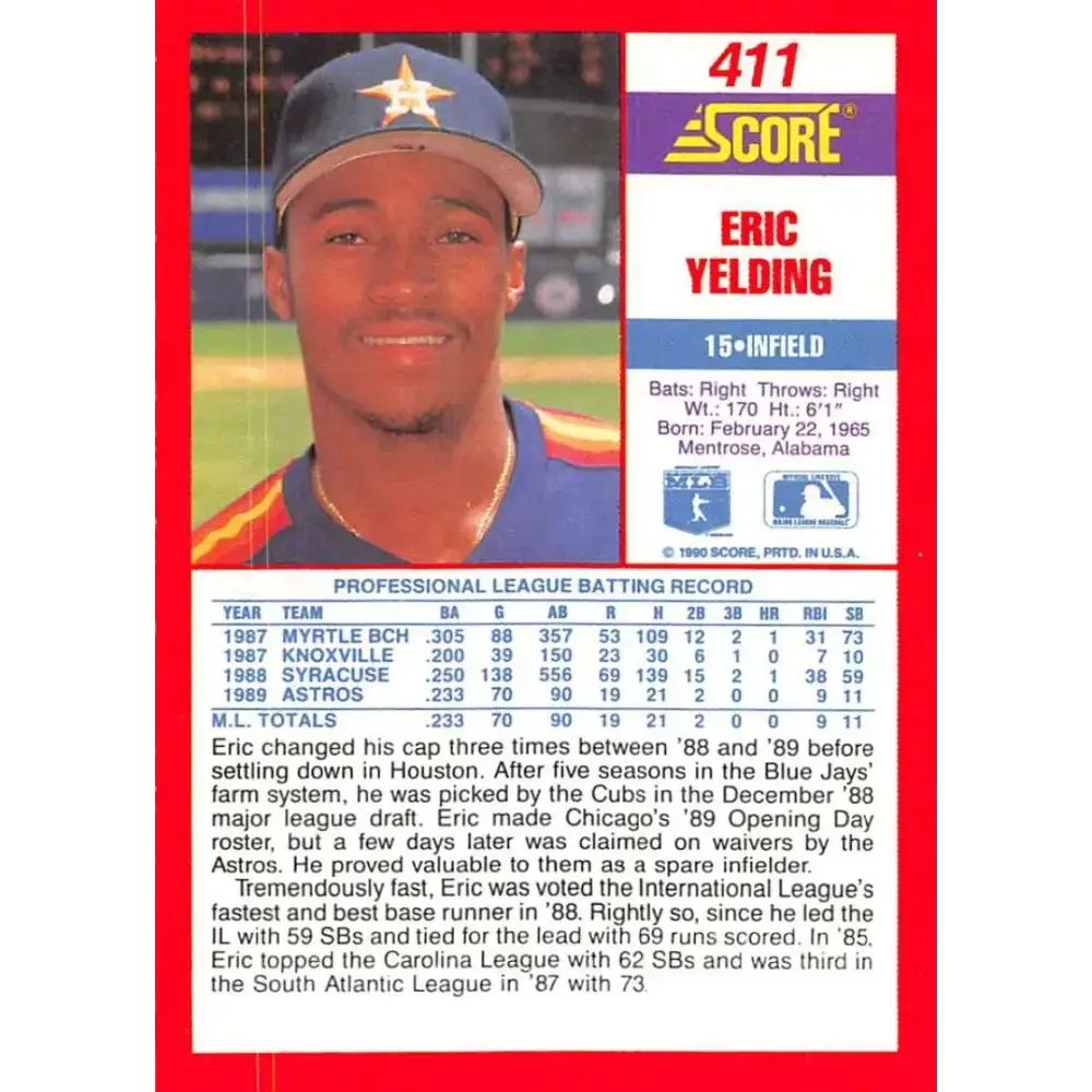 1990 Score #411 Eric Yelding NM-MT RC Rookie Houston Astros Baseball Card - Baseball Card Single