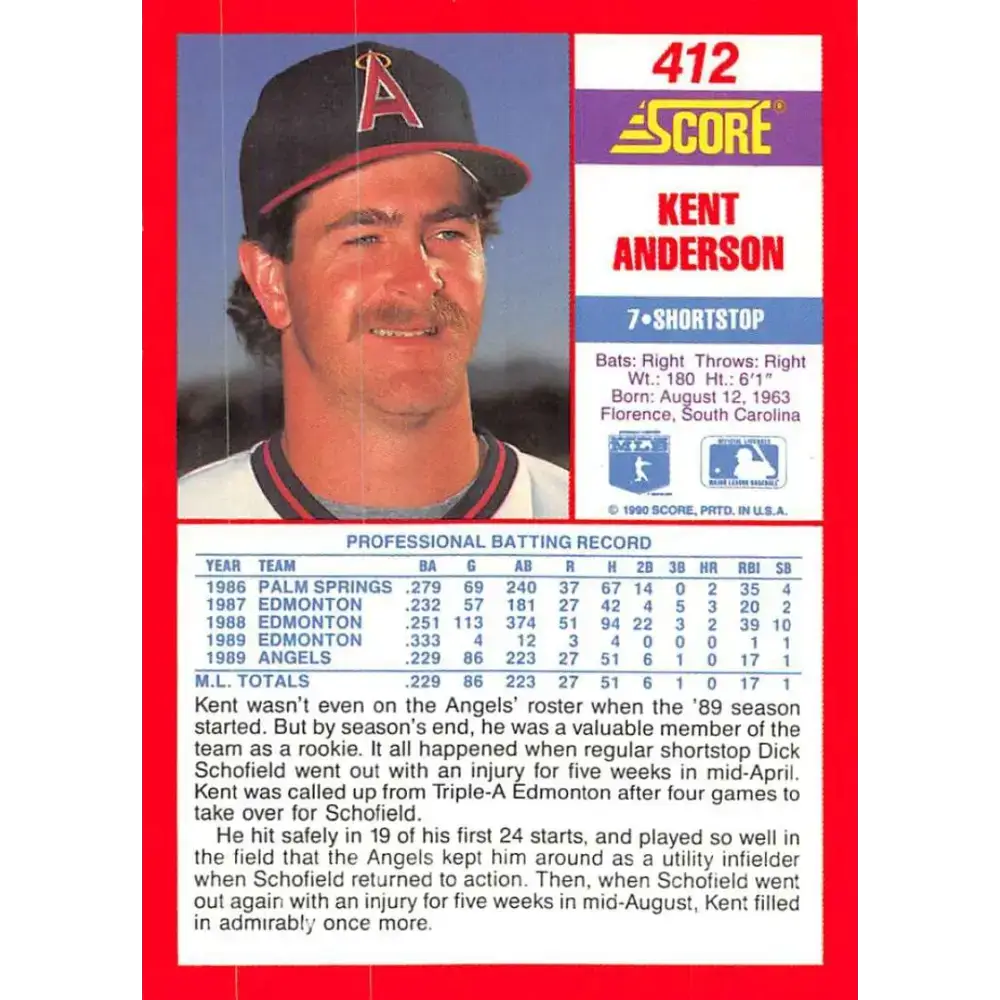 1990 Score #412 Kent Anderson NM-MT RC Rookie California Angels Baseball Card - Baseball Card Single