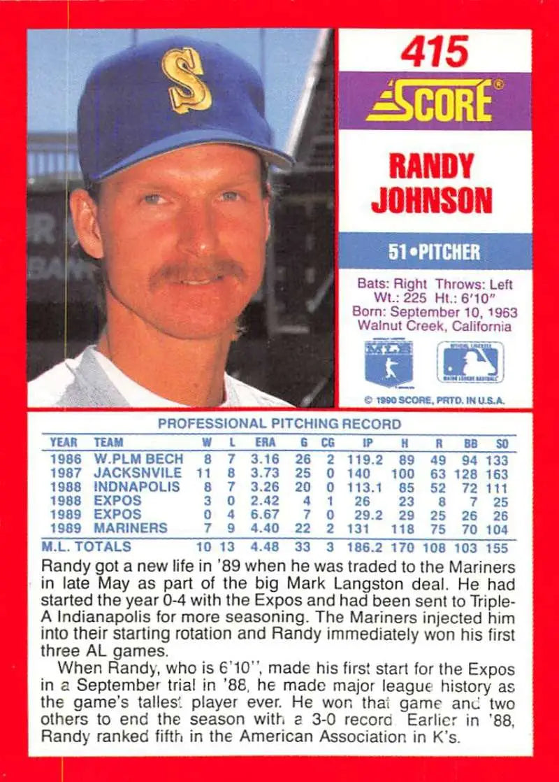 1990 Score #415 Randy Johnson EX Excellent Seattle Mariners Baseball Card