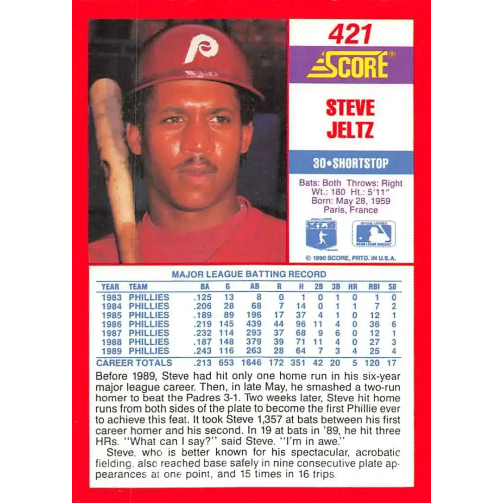 1990 Score #421 Steve Jeltz NM-MT Philadelphia Phillies Baseball Card - Baseball Card Single