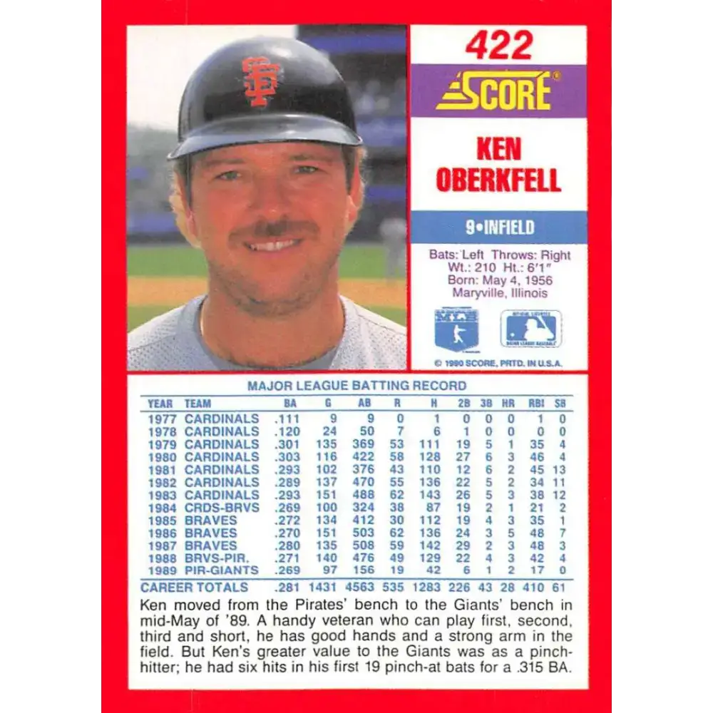 1990 Score #422 Ken Oberkfell NM-MT San Francisco Giants Baseball Card - Baseball Card Single
