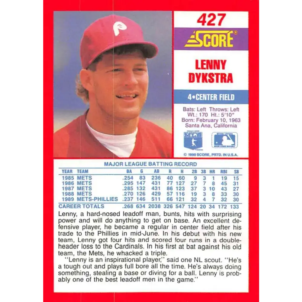 1990 Score #427 Lenny Dykstra NM-MT Philadelphia Phillies Baseball Card - Baseball Card Single