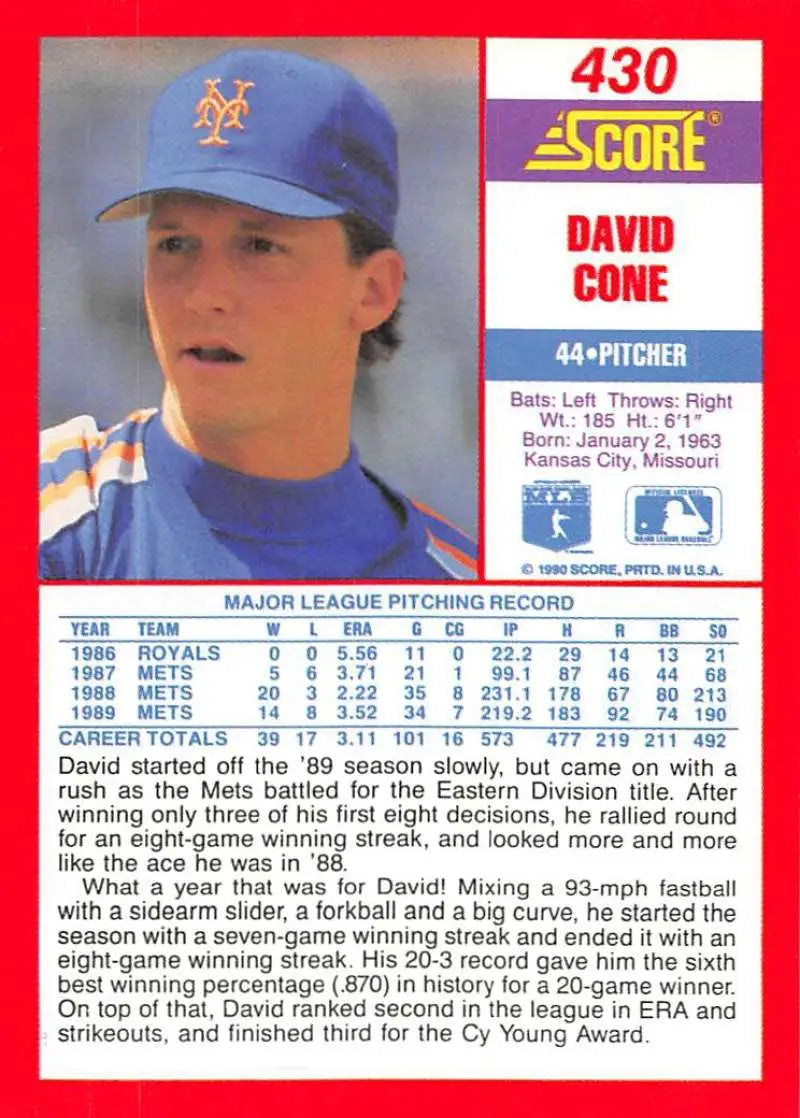 1990 Score #430 David Cone EX Excellent New York Mets Baseball Card - Baseball Card Single