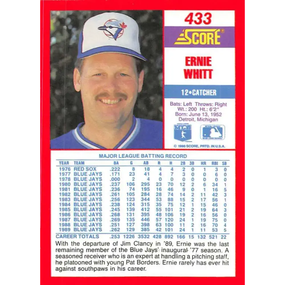 1990 Score #433 Ernie Whitt NM-MT Toronto Blue Jays Baseball Card - Baseball Card Single
