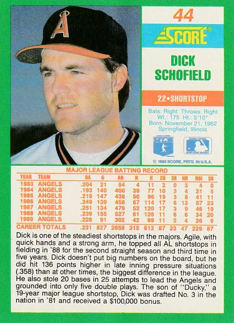 1990 Score #44 Dick Schofield EX Excellent California Angels Baseball Card - Baseball Card Single