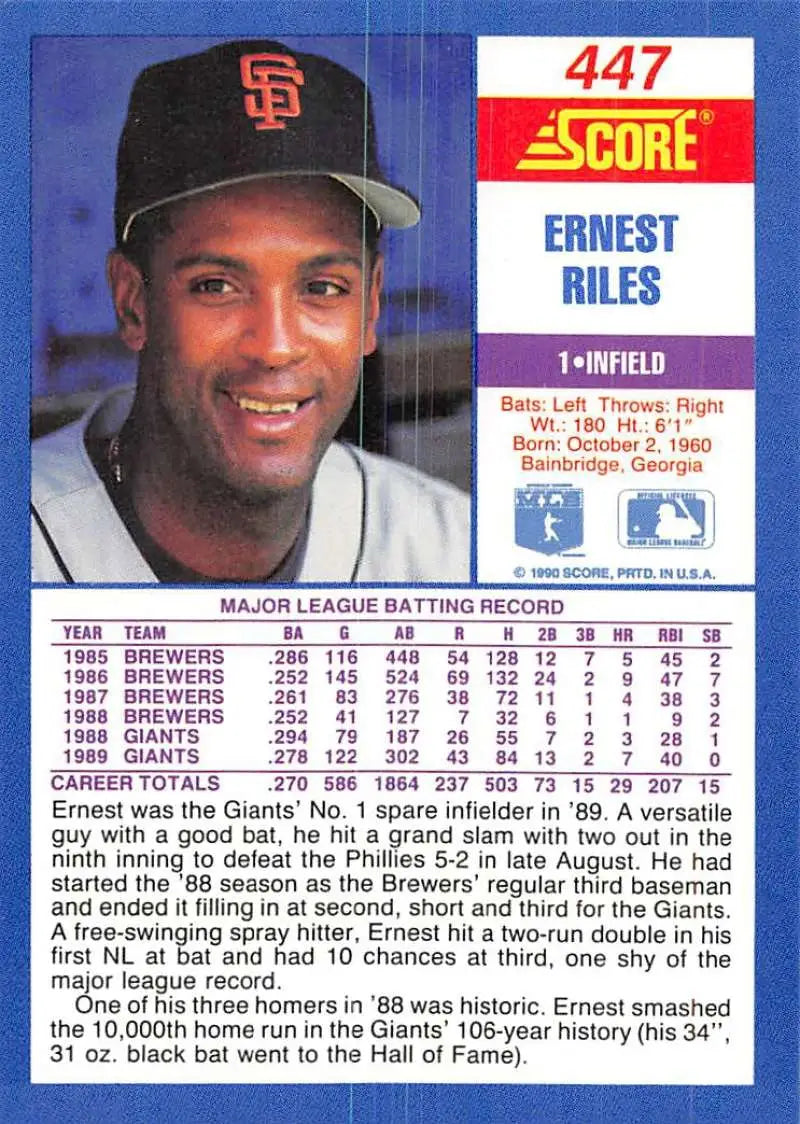 1990 Score #447 Ernest Riles EX Excellent San Francisco Giants Baseball Card - Baseball Card Single