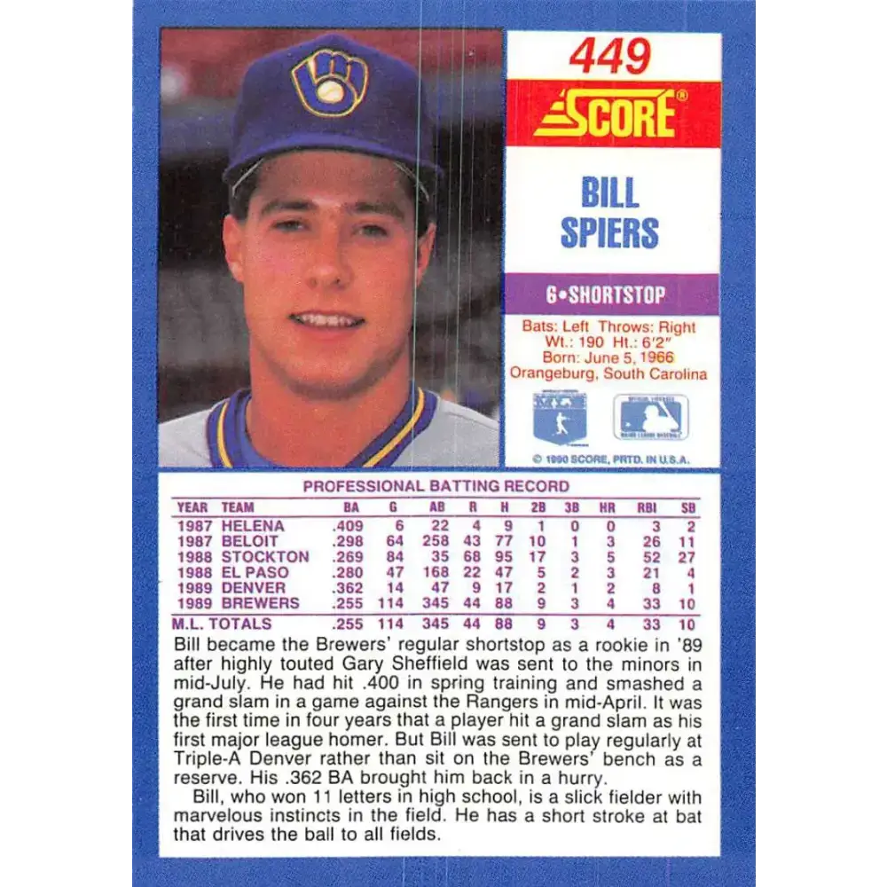 1990 Score #449b Bill Spiers COR NM-MT Milwaukee Brewers Baseball Card - Baseball Card Single