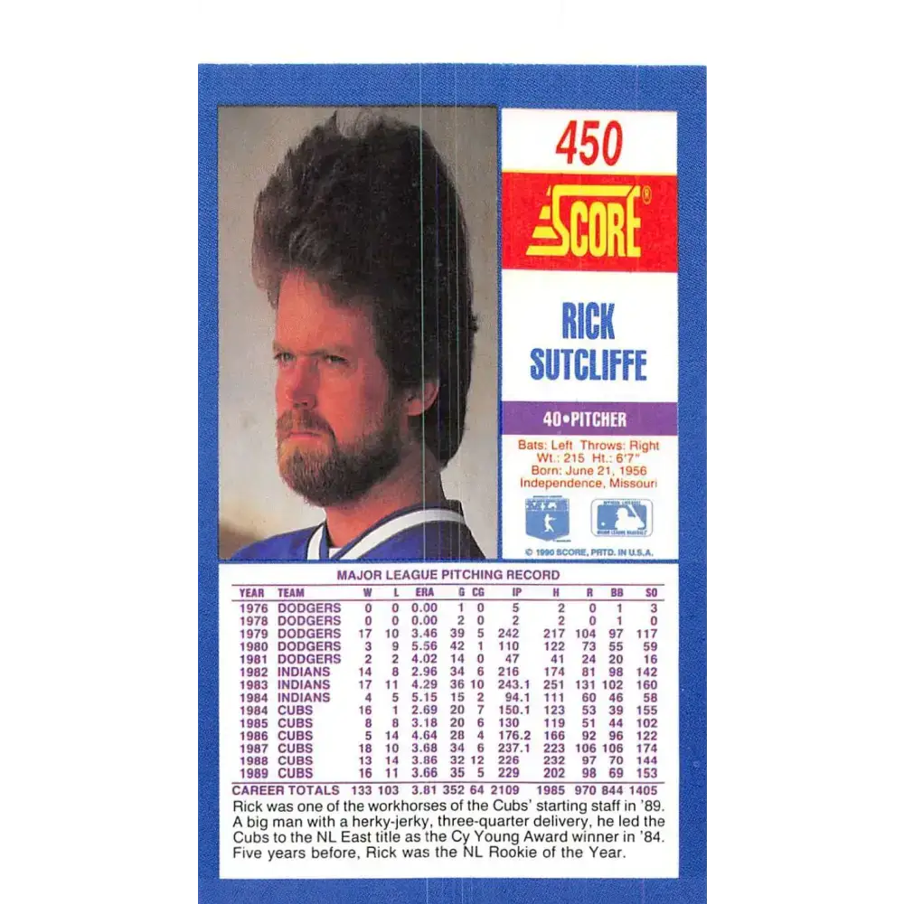 1990 Score #450 Rick Sutcliffe NM-MT Chicago Cubs Baseball Card - Baseball Card Single