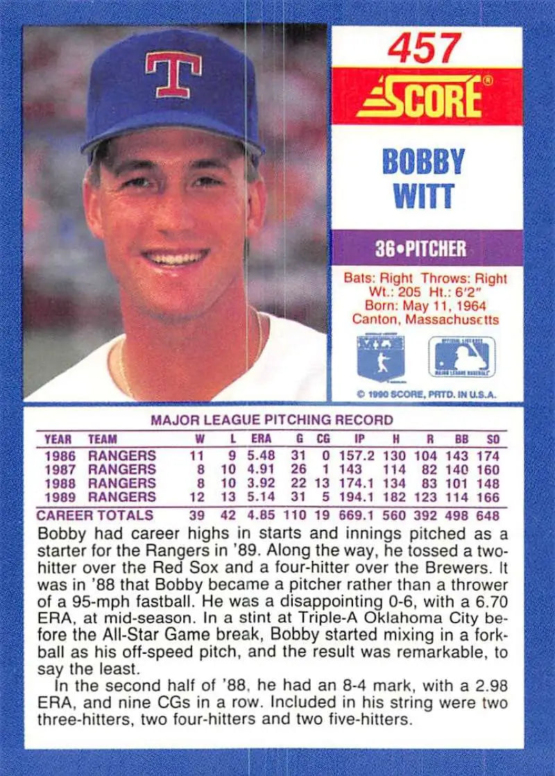 1990 Score #457 Bobby Witt EX Excellent Texas Rangers Baseball Card - Baseball Card Single