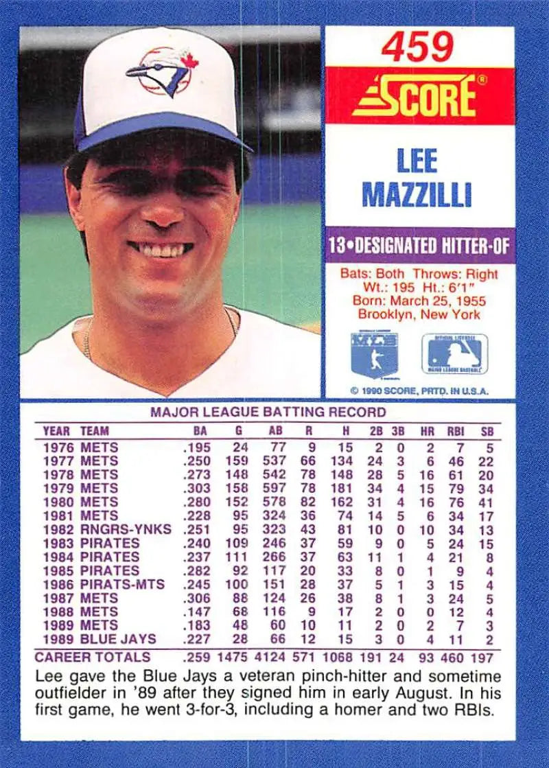 1990 Score #459 Lee Mazzilli EX Excellent Toronto Blue Jays Baseball Card - Baseball Card Single
