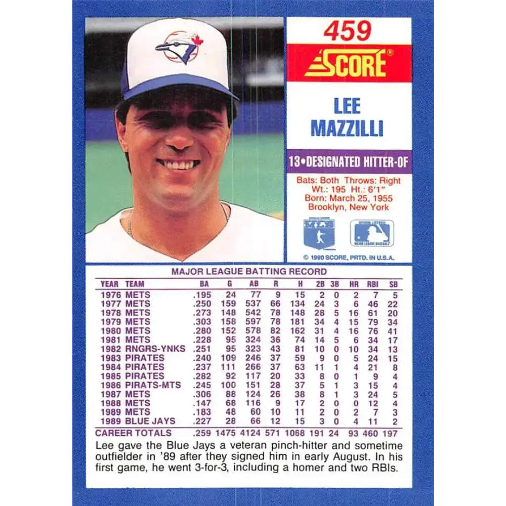 1990 Score #459 Lee Mazzilli NM-MT Toronto Blue Jays Baseball Card - Baseball Card Single