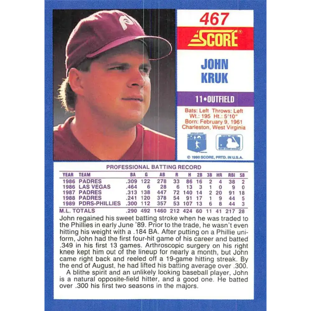 1990 Score #467 John Kruk NM-MT Philadelphia Phillies Baseball Card - Baseball Card Single