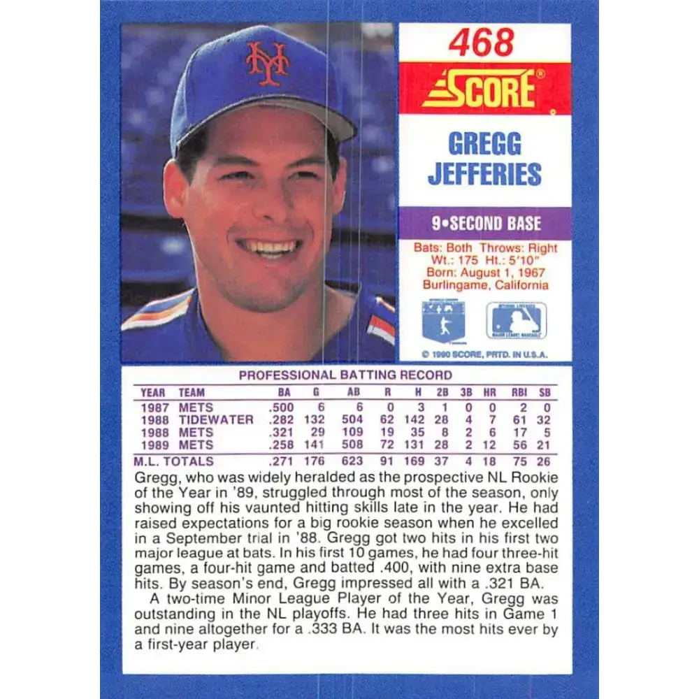 1990 Score #468 Gregg Jefferies NM-MT New York Mets Baseball Card - Baseball Card Single