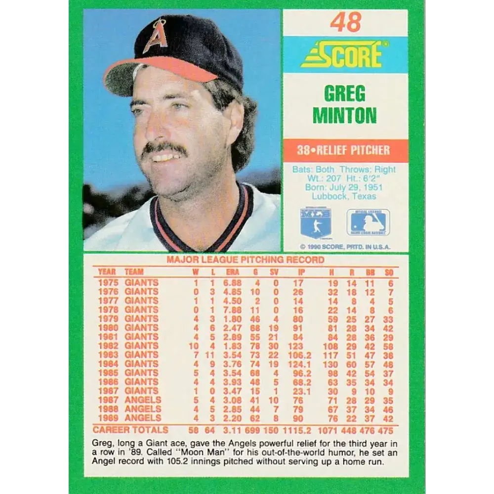 1990 Score #48 Greg Minton NM-MT California Angels Baseball Card - Baseball Card Single