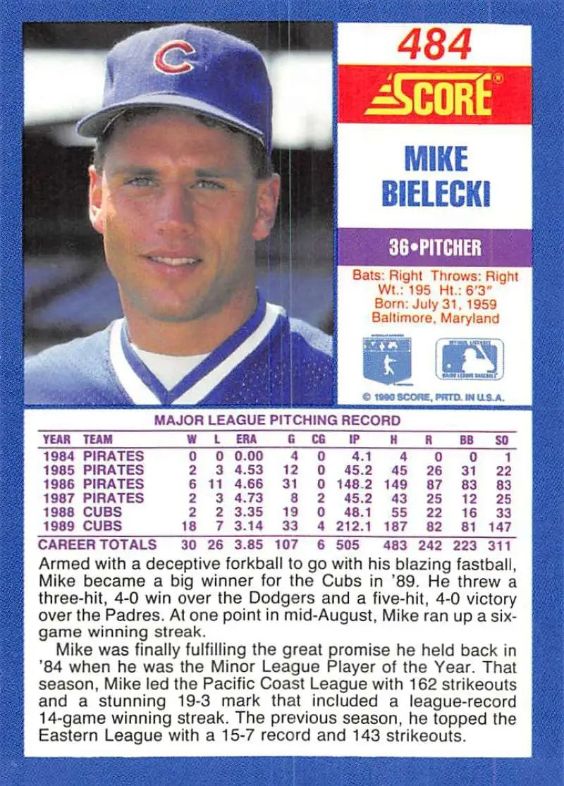 1990 Score #484 Mike Bielecki EX Excellent Chicago Cubs Baseball Card - Baseball Card Single