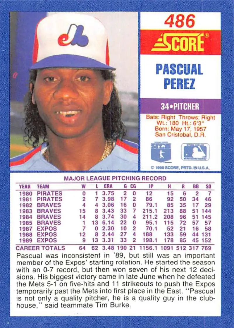 1990 Score #486 Pascual Perez EX Excellent Montreal Expos Baseball Card - Baseball Card Single