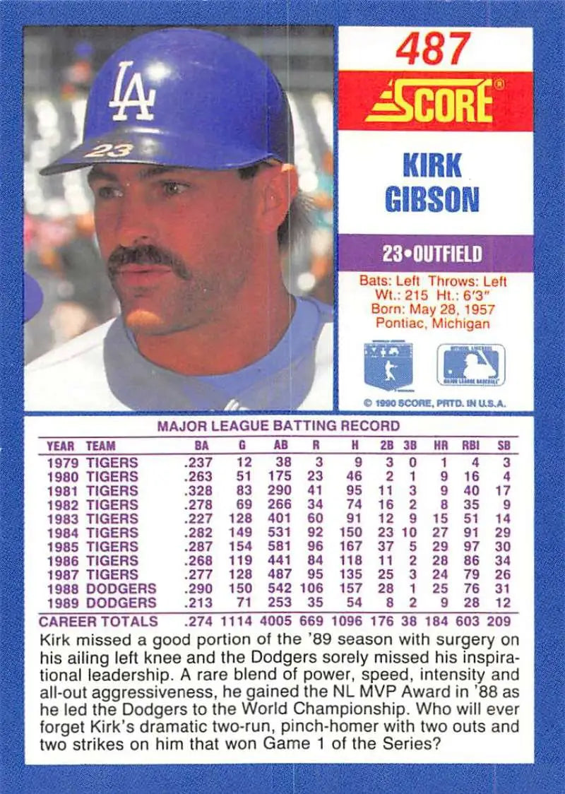 1990 Score #487 Kirk Gibson EX Excellent Los Angeles Dodgers Baseball Card - Baseball Card Single