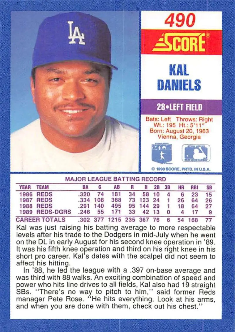 1990 Score #490 Kal Daniels EX Excellent Los Angeles Dodgers Baseball Card - Baseball Card Single