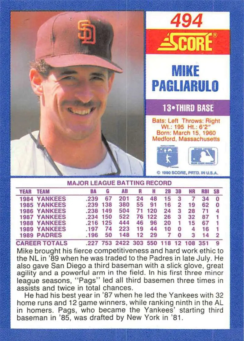 1990 Score #494 Mike Pagliarulo EX Excellent San Diego Padres Baseball Card - Baseball Card Single