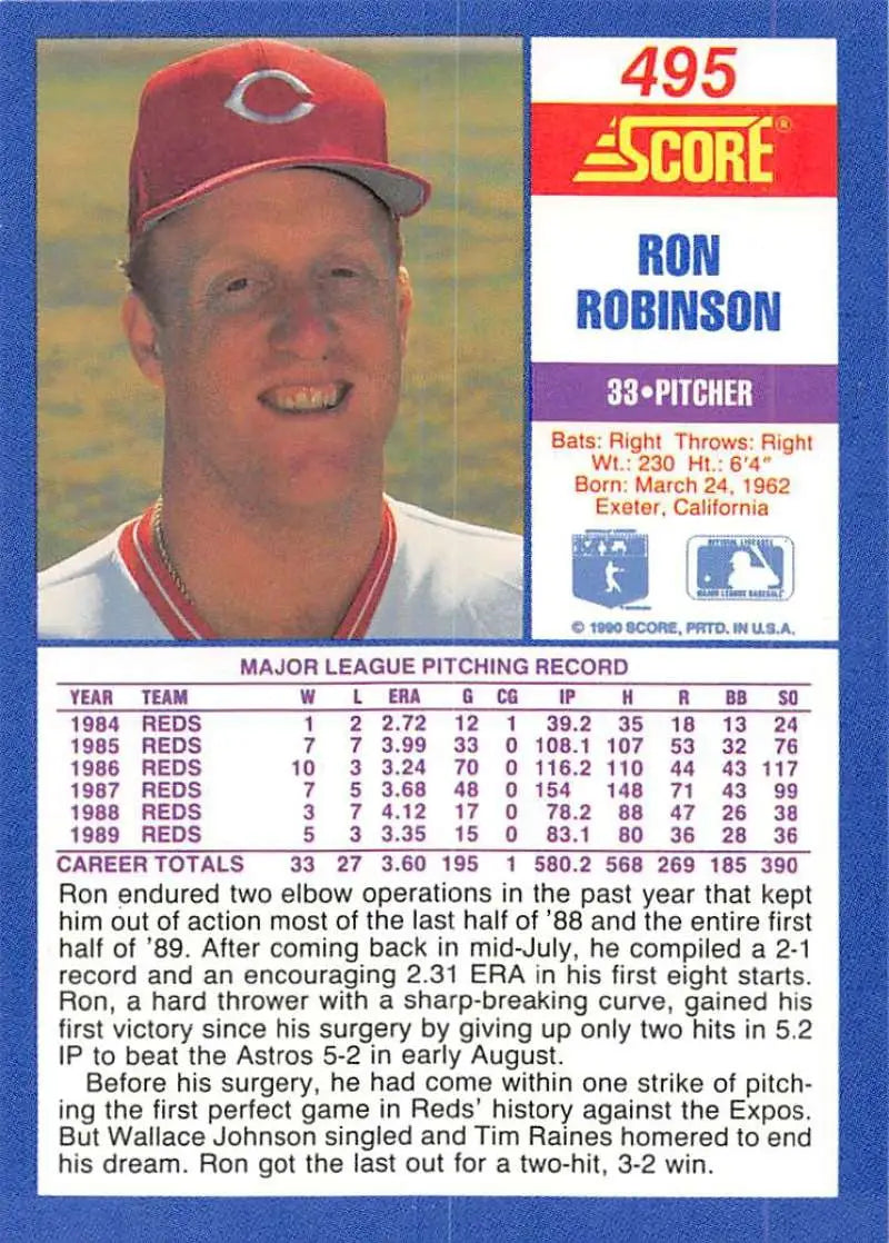 1990 Score #495 Ron Robinson EX Excellent Cincinnati Reds Baseball Card - Baseball Card Single