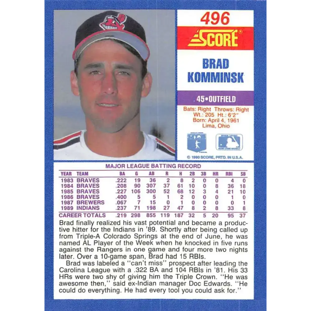 1990 Score #496 Brad Komminsk NM-MT Cleveland Indians Baseball Card - Baseball Card Single