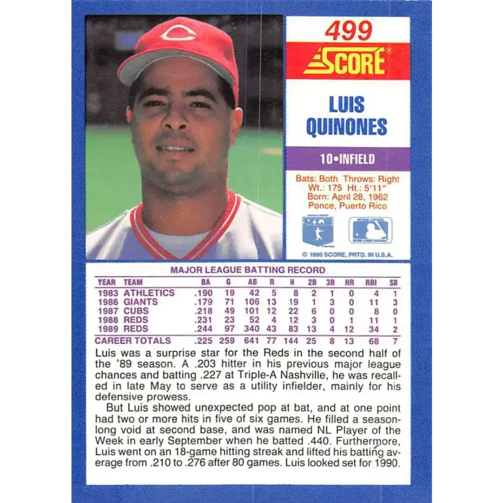 1990 Score #499 Luis Quinones NM-MT Cincinnati Reds Baseball Card - Baseball Card Single