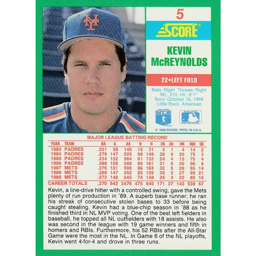 1990 Score #5 Kevin McReynolds NM-MT New York Mets Baseball Card - Baseball Card Single