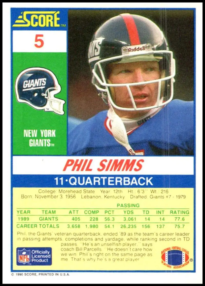 1990 Score #5 Phil Simms NM-MT New York Giants Football Card - Football Card Single