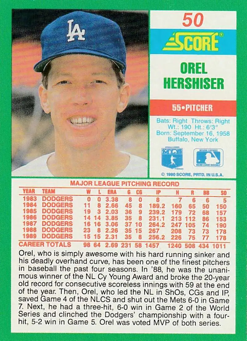 1990 Score #50 Orel Hershiser EX Excellent Los Angeles Dodgers Baseball Card - Baseball Card Single