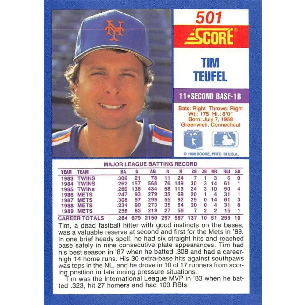 1990 Score #501 Tim Teufel UER NM-MT New York Mets Baseball Card - Baseball Card Single