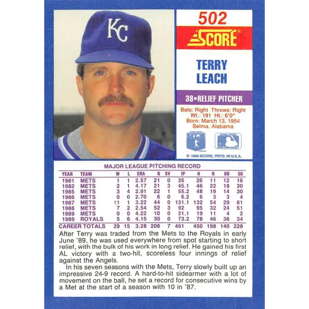 1990 Score #502 Terry Leach NM-MT Kansas City Royals Baseball Card - Baseball Card Single