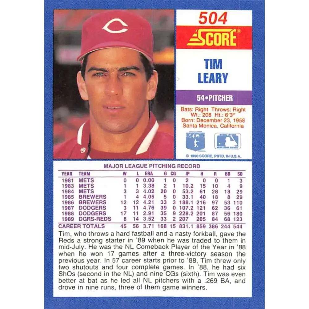 1990 Score #504 Tim Leary NM-MT Cincinnati Reds Baseball Card - Baseball Card Single
