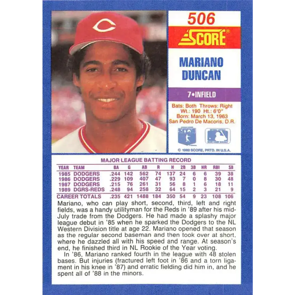 1990 Score #506 Mariano Duncan NM-MT Cincinnati Reds Baseball Card - Baseball Card Single
