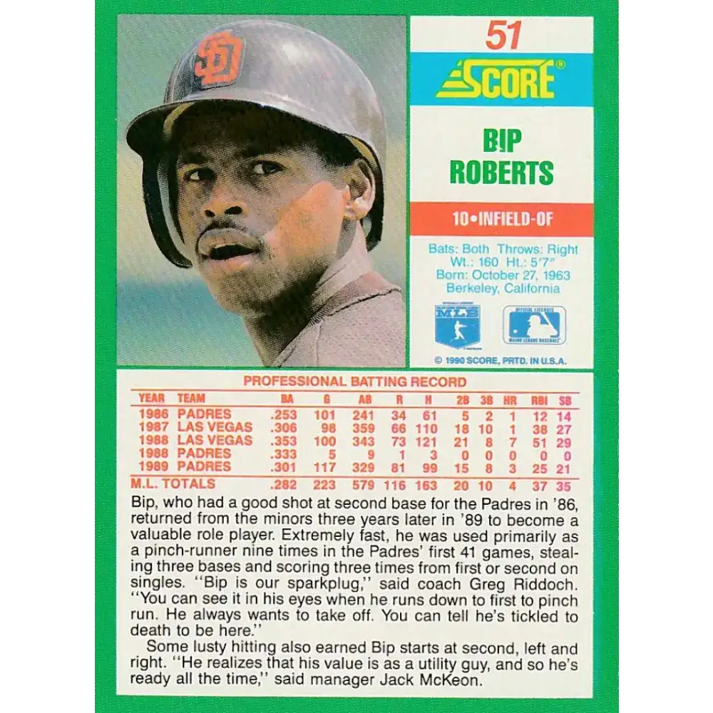 1990 Score #51 Bip Roberts NM-MT San Diego Padres Baseball Card - Baseball Card Single