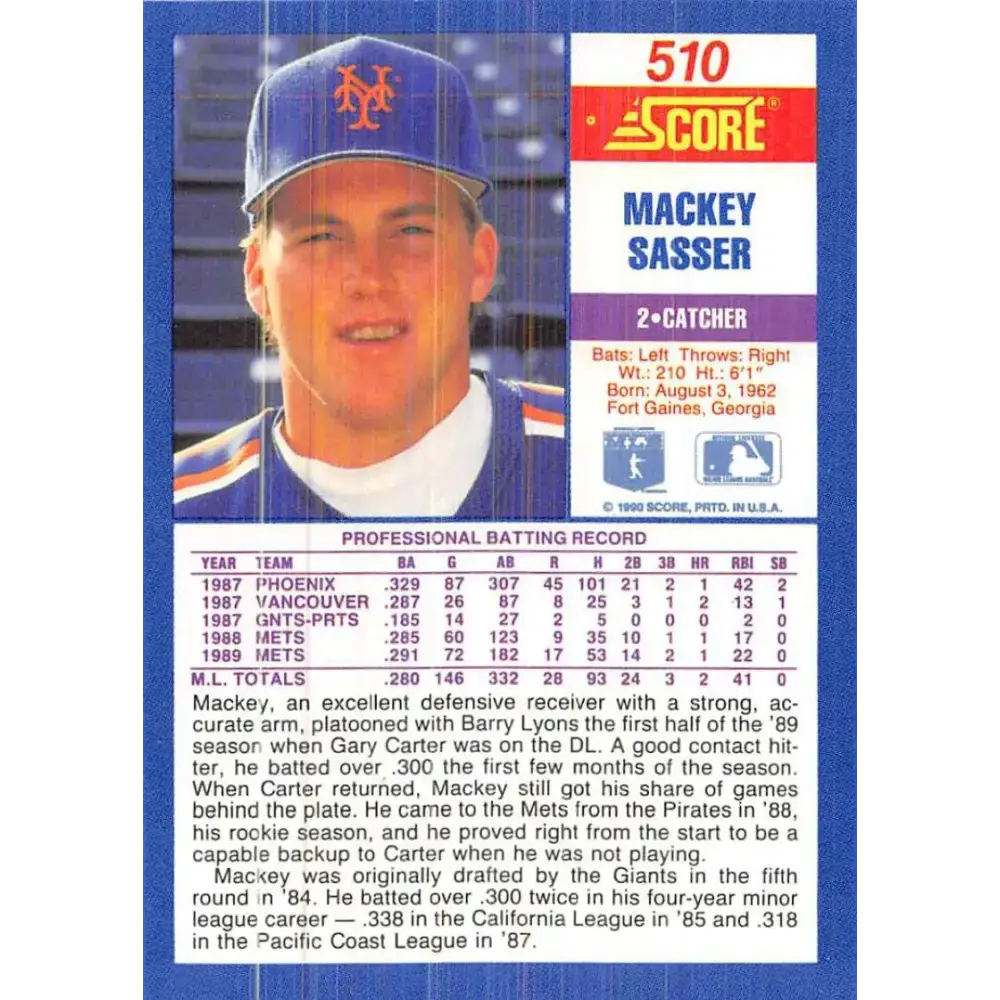 1990 Score #510 Mackey Sasser NM-MT New York Mets Baseball Card - Baseball Card Single